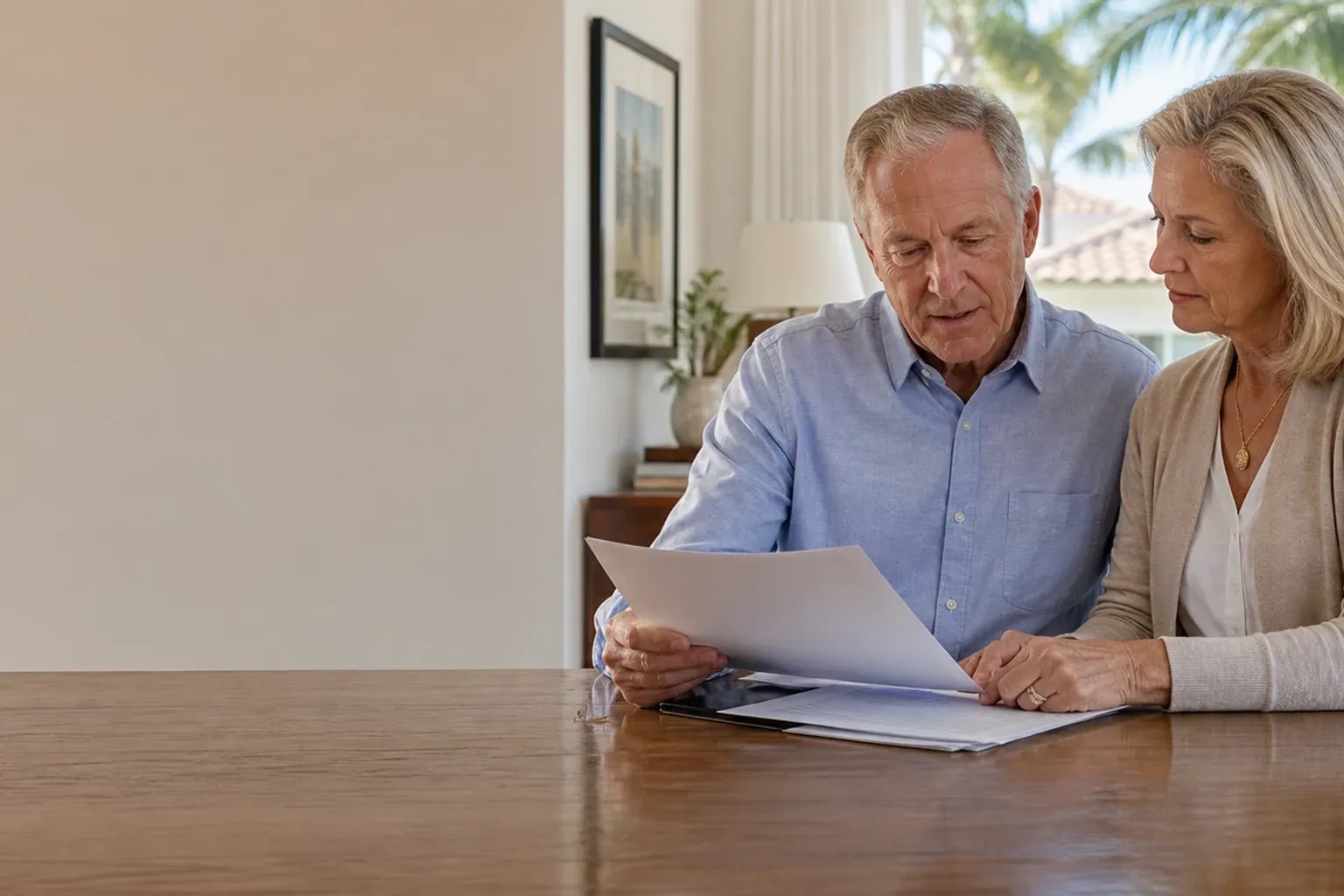 Mature couple reviewing planning papers in a sunlit Florida home