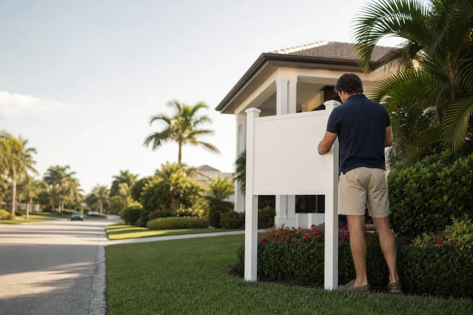 Homeowner placing an unbranded sale sign outside a Naples residence