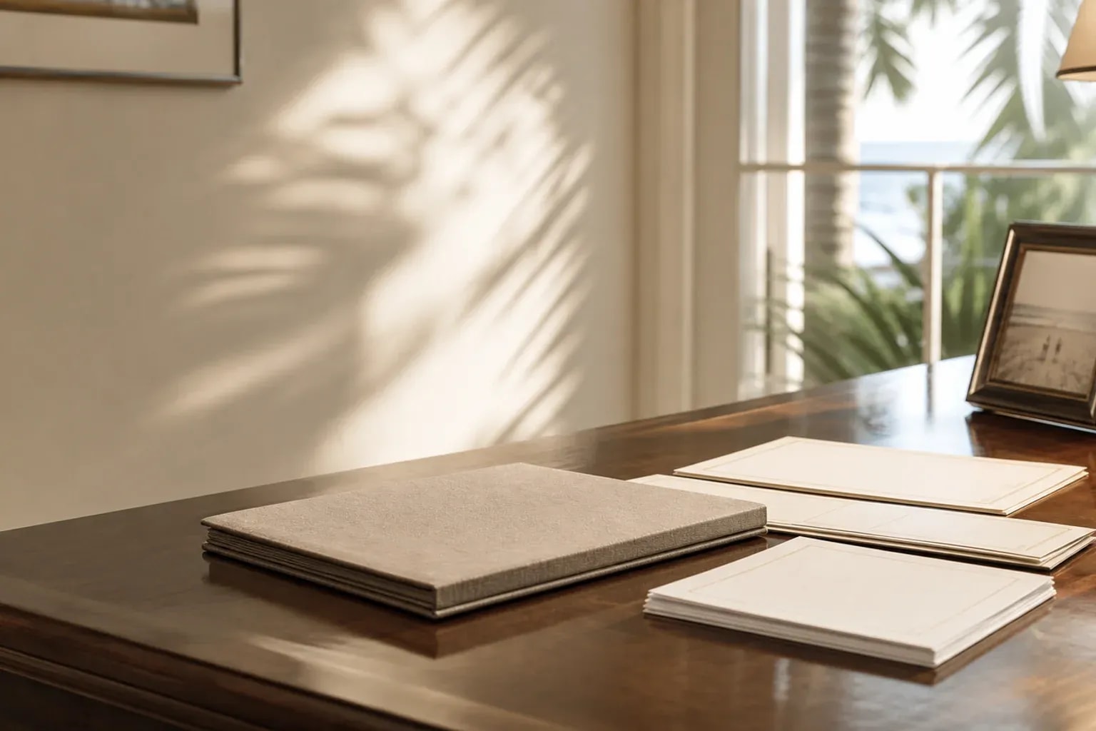 Organized estate documents and a family photograph on a refined desk